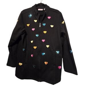 Vtg Quacker Factory Hearts Jacket Womens‎ LG Fleece Embroidered Sequins Colorful